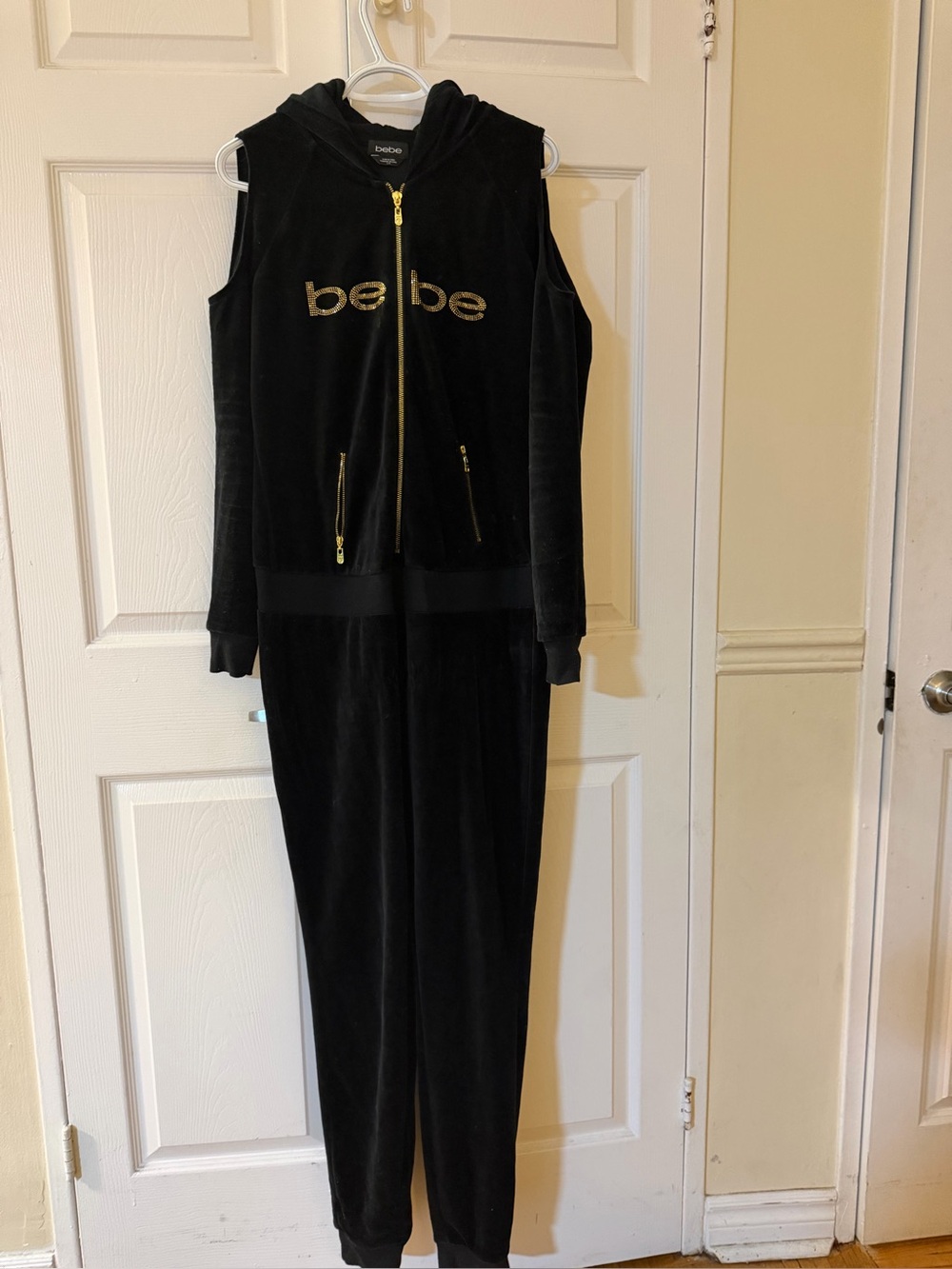 bebe Black Velour Hoodie Tracksuit with Gold Logo